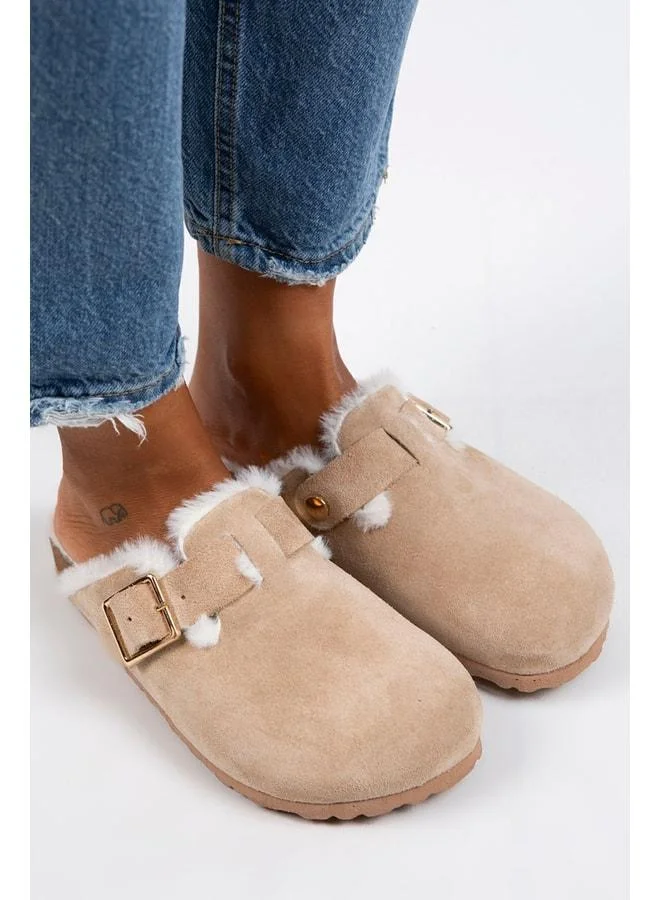 Manijero  Zeta Women's Fur-Lined Genuine Leather Buckled Belted Fur-Lined Suede Sand Slippers - Beige for Women | Best Price UAE