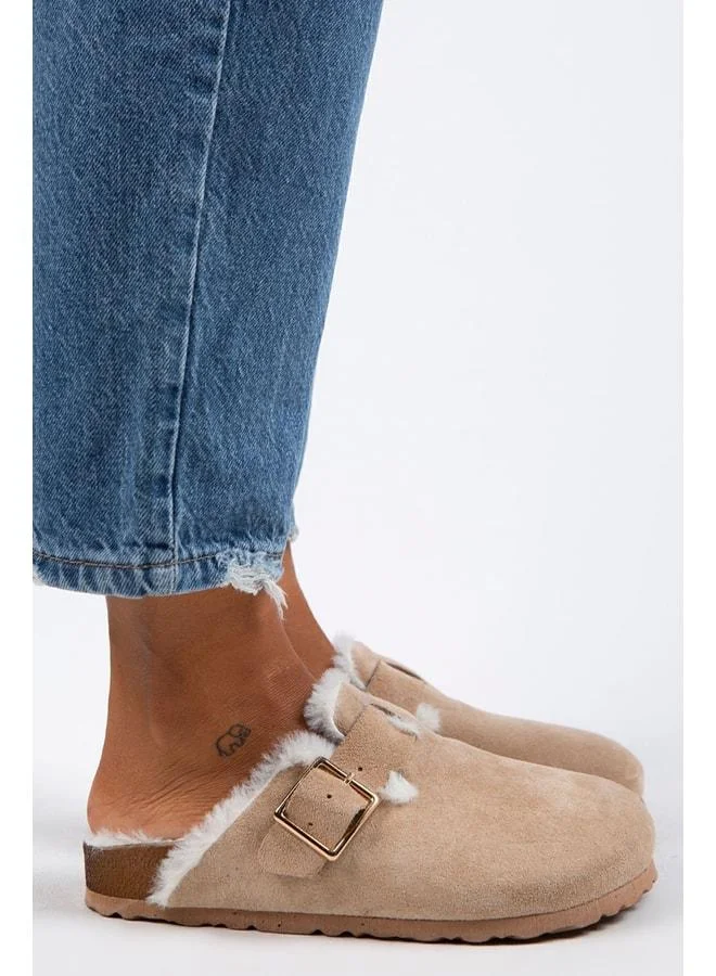 Manijero  Zeta Women's Fur-Lined Genuine Leather Buckled Belted Fur-Lined Suede Sand Slippers - Beige for Women | Best Price UAE