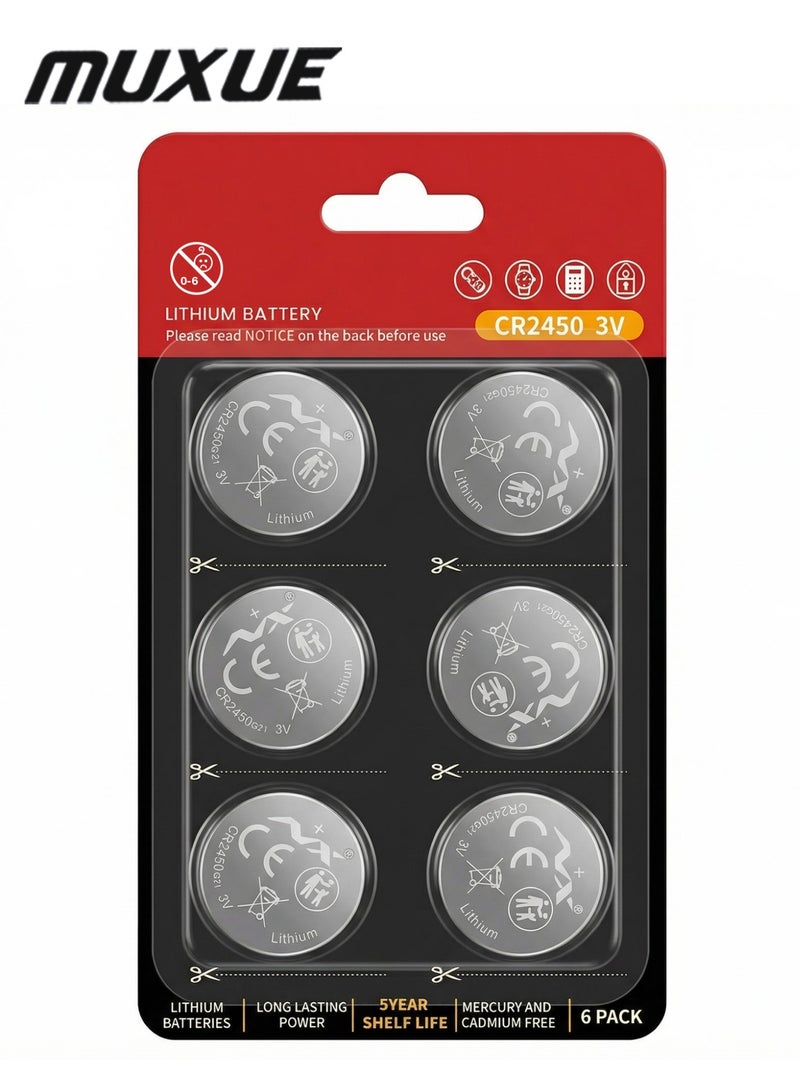 MUXUE CR2450 Lithium Battery, 6 Count (Pack of 1), Coin Battery for Key Fob, Car Remote, Watch, and Other Devices, CR2450 Lithium 3 Volt (3V) Cell - Image 1