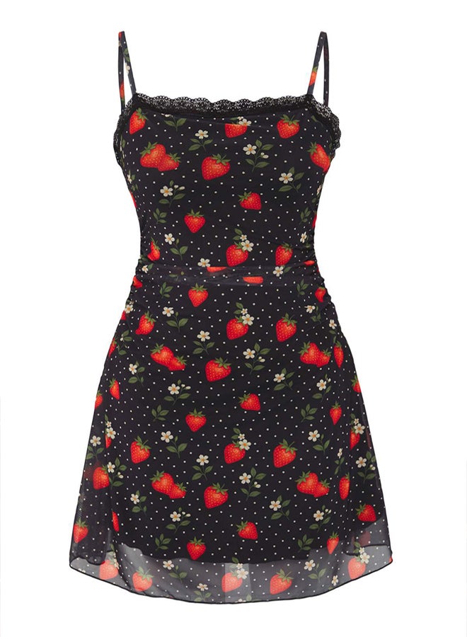 trendyol Multicolor Strawberry Printed Tulle Ruffle Short / Mini Stretchy Knitted Dress - Image 5
