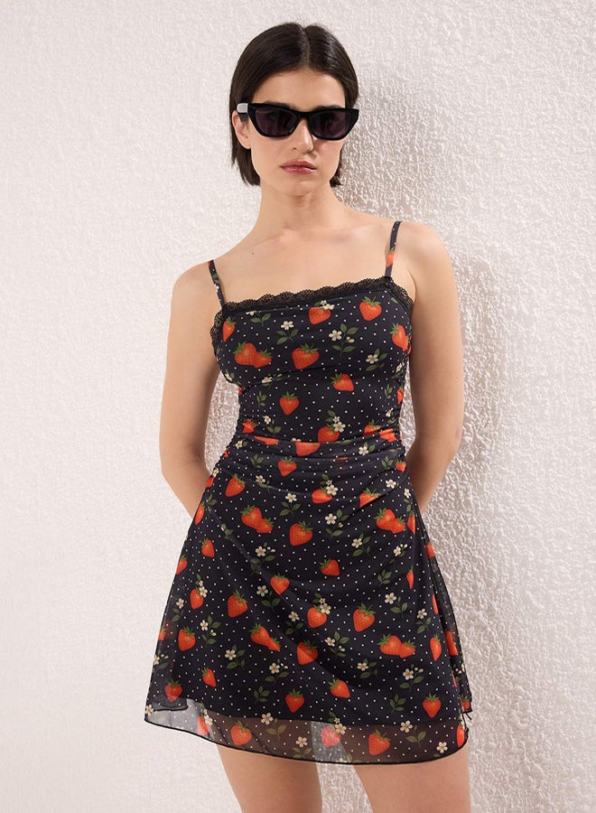 trendyol Multicolor Strawberry Printed Tulle Ruffle Short / Mini Stretchy Knitted Dress - Image 3
