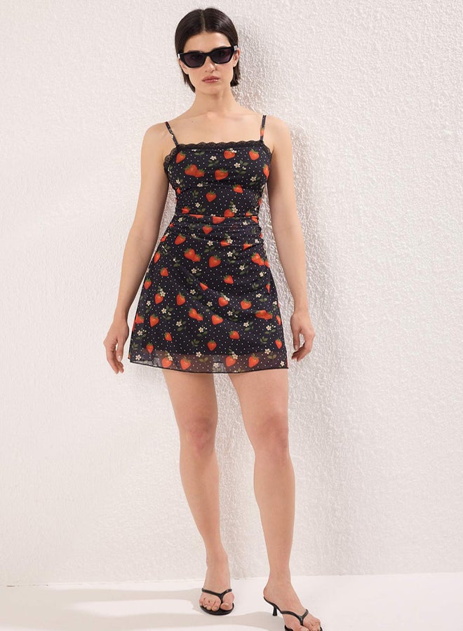 trendyol Multicolor Strawberry Printed Tulle Ruffle Short / Mini Stretchy Knitted Dress - Image 2