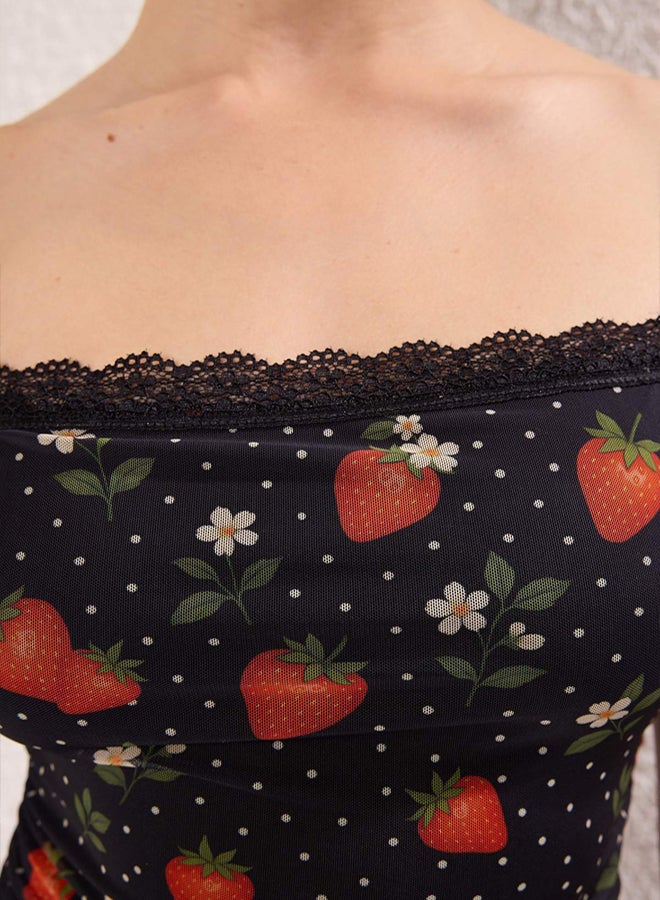 trendyol Multicolor Strawberry Printed Tulle Ruffle Short / Mini Stretchy Knitted Dress - Image 4