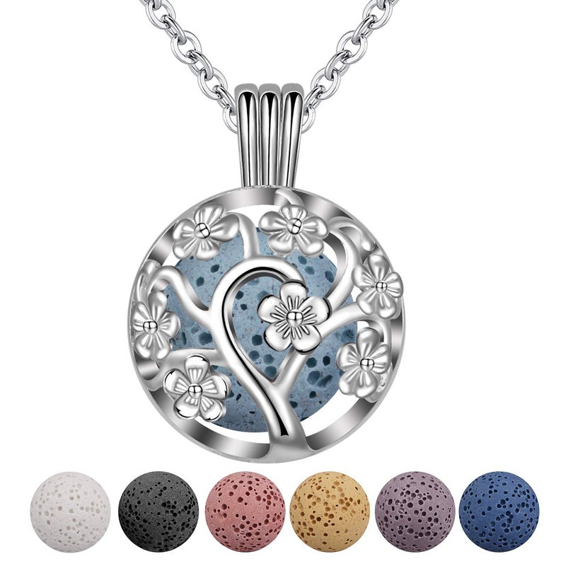 INFUSEU INFUSEU Sakura Tree Aromatherapy Necklace Essential Oils Diffuser Locket Pendant with 7 PCS Lava Rock Stones and 24 Link Chain 