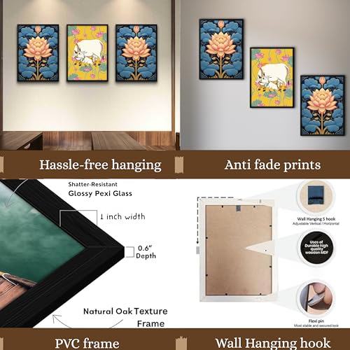 Nozvera Kamdhenu Cow Lotus Wall Painting Set of 3 – Framed MDF Pichwai Style Wall Art for Home Temple Decor – Traditional Indian Wall Hanging for Living Room, Hallway, Puja Room - Image 3
