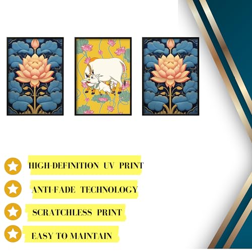 Nozvera Kamdhenu Cow Lotus Wall Painting Set of 3 – Framed MDF Pichwai Style Wall Art for Home Temple Decor – Traditional Indian Wall Hanging for Living Room, Hallway, Puja Room - Image 5
