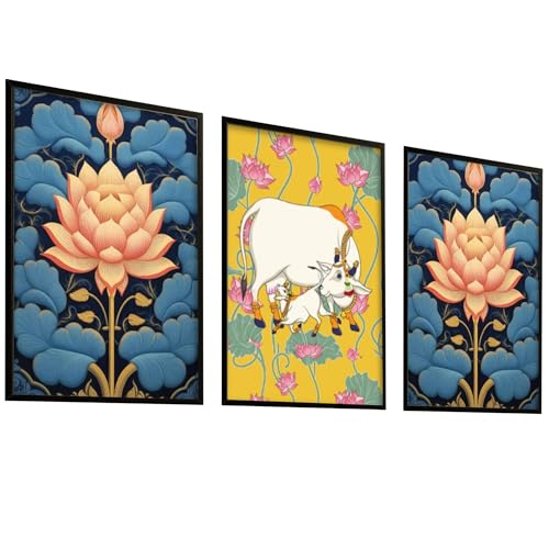 Nozvera Kamdhenu Cow Lotus Wall Painting Set of 3 – Framed MDF Pichwai Style Wall Art for Home Temple Decor – Traditional Indian Wall Hanging for Living Room, Hallway, Puja Room - Image 1