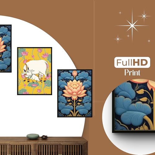 Nozvera Kamdhenu Cow Lotus Wall Painting Set of 3 – Framed MDF Pichwai Style Wall Art for Home Temple Decor – Traditional Indian Wall Hanging for Living Room, Hallway, Puja Room - Image 2