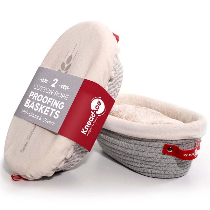 KneadAce Cotton Rope Banneton Bread Proofing Basket Set, 2 x Oval Bread Basket with Liners & Covers for Artisan Bread Baking, Sourdough Bread Baking Supplies - Image 1