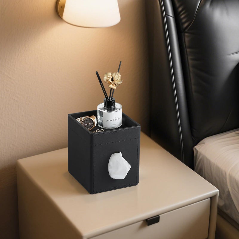 Cretkhp Tissue Box Cover, PU Leather Square Tissue Box Holder with Storage Tray for Bathroom Vanity Countertop Night Stands Bedroom Office Desk, Stylish Tissue Holder Decorative Organizer (Black) - Image 5