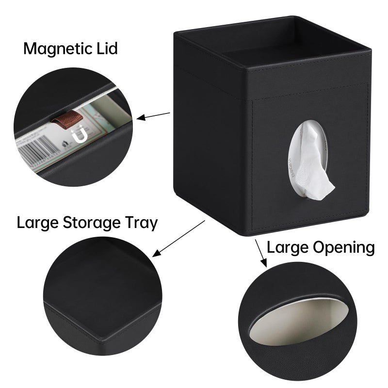 Cretkhp Tissue Box Cover, PU Leather Square Tissue Box Holder with Storage Tray for Bathroom Vanity Countertop Night Stands Bedroom Office Desk, Stylish Tissue Holder Decorative Organizer (Black) - Image 3