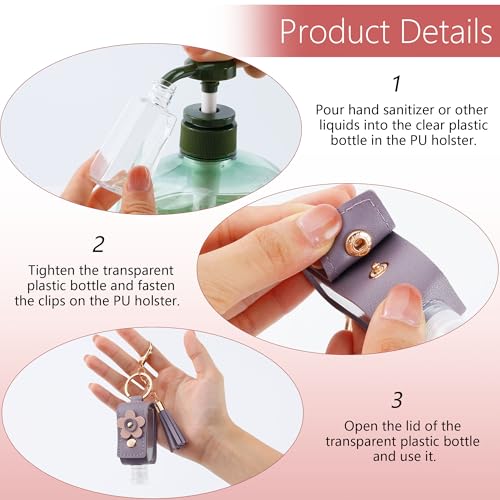 GTILE 4Pcs Hand Sanitizer Keychain, Portable Leather Empty Bottles, 30ml Squeeze Bottle Refillable Containers, Cute Hand Sanitizer for Toiletry Lotion Liquid Soap Shampoo (Pink, Blue, Purple, Yellow) - Image 4