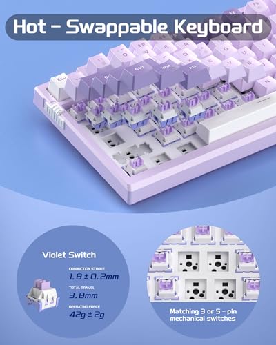 MageGee SKY81 75% Mechanical Gaming Keyboard, Gasket Hot Swappable Wired Custom Creamy Keyboard with 5-Layer Sound Dampening, Knob Control, RGB Backlit, NKRO for Win/Mac (Violet, Violet Switch) - Image 4