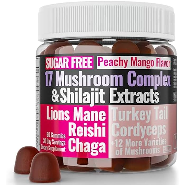 SHIZAM Sugar-Free Shilajit Mushroom Complex Gummies, Mushrooms Extract w. Lion's Lions Mane Reishi Turkey-Tail Cordyceps Shiitake Chaga Maitake Lionsmane Tincture Tea Powder Capsules Supplement Organic - Image 1