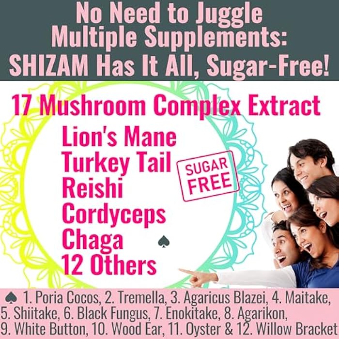SHIZAM Sugar-Free Shilajit Mushroom Complex Gummies, Mushrooms Extract w. Lion's Lions Mane Reishi Turkey-Tail Cordyceps Shiitake Chaga Maitake Lionsmane Tincture Tea Powder Capsules Supplement Organic - Image 2