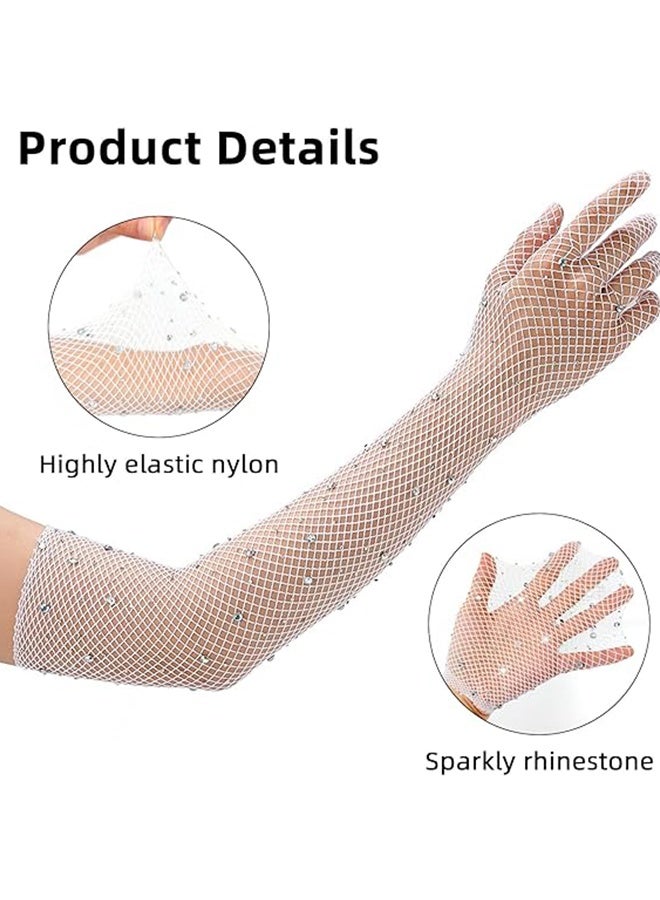 هابي دي قفازات طويلة من الشبك مع أحجار الراين للنساء - اكسسوارات تنكرية بحلة قوطية (بيضاء) - Image 3