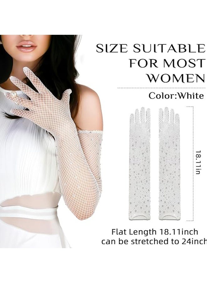 هابي دي قفازات طويلة من الشبك مع أحجار الراين للنساء - اكسسوارات تنكرية بحلة قوطية (بيضاء) - Image 2