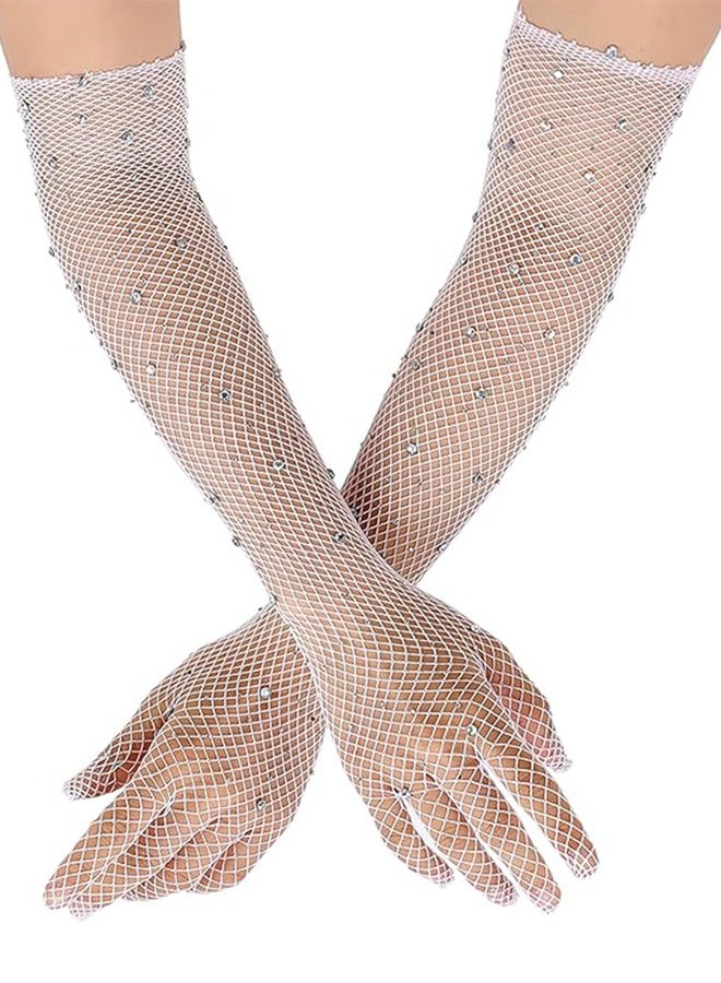 هابي دي قفازات طويلة من الشبك مع أحجار الراين للنساء - اكسسوارات تنكرية بحلة قوطية (بيضاء) - Image 1