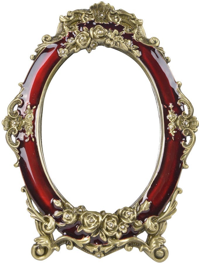 DECORATIVE VINTAGE TABLETOP MIRROR RETRO METAL COUNTERTOP VANITY MAKEUP MIRROR ROSE EMBOSSED ANTIQUE OVAL COQUETTE MIRROR WITH STAND FOR HOME BEDROOM DRESSERS LIVING ROOM BATHROOM WINE RED