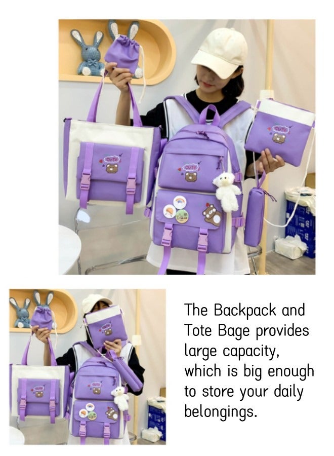 5Pcs Accessories Backpack with Pin & Set Backpack Kawaii Backpack School Bags for Teen Girl with Badge&Pendant Shoulder Bag Pencil Box Tote Bag Small Bag  - Image 4