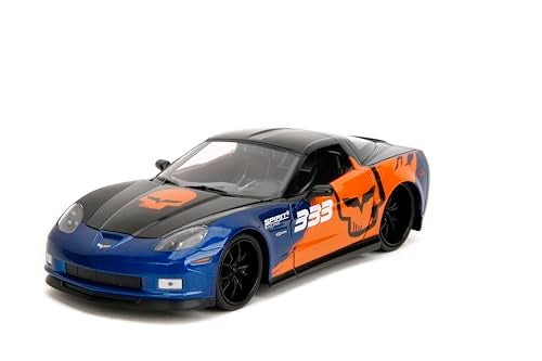 Jada Toys Bigtime Muscle 124 2006 Chevy Corvette Z06 Diecast Car Opening Doors Hood Trunk Rubber TiresMetallic BlueOrange - Image 1