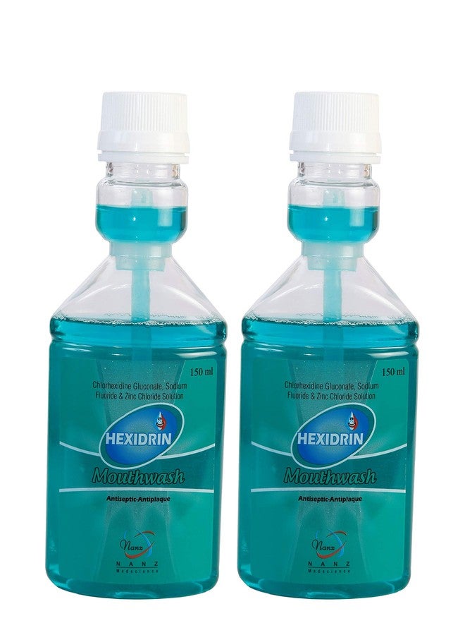 Hexidrin Mouthwash, Antiseptic Antiplaque, Chlorhexidine Gluconate with Sodium Fluoride & Zinc Chloride, 150 ml, Pack of 2 (GREEN) - Image 1