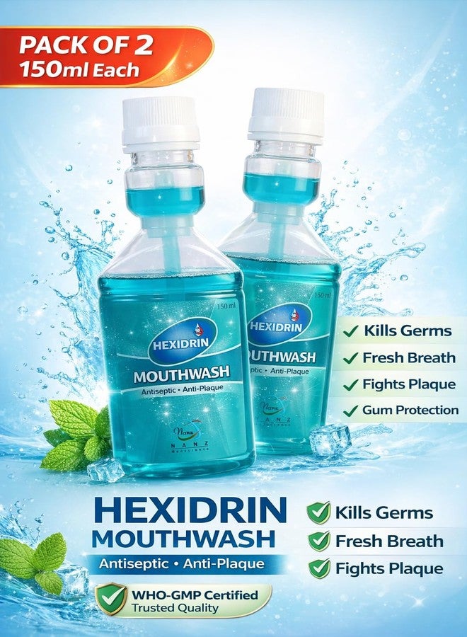 Hexidrin Mouthwash, Antiseptic Antiplaque, Chlorhexidine Gluconate with Sodium Fluoride & Zinc Chloride, 150 ml, Pack of 2 (GREEN) - Image 2