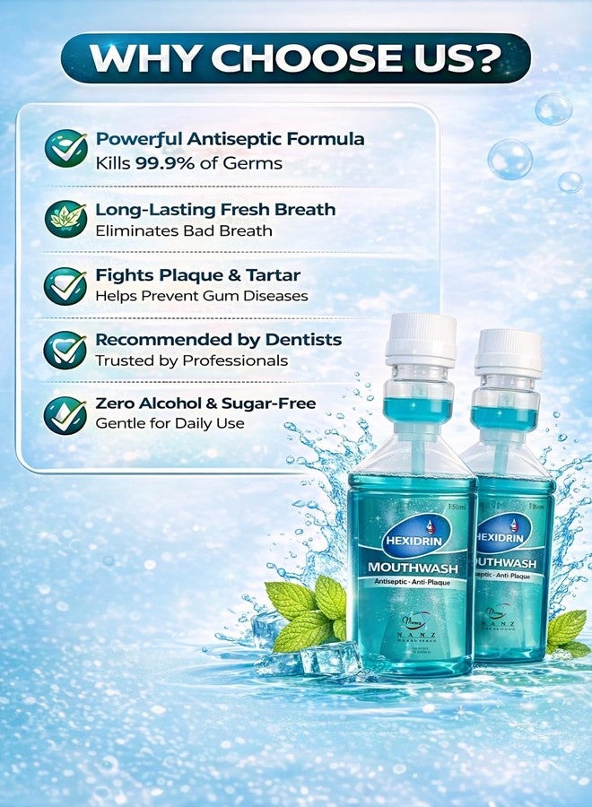Hexidrin Mouthwash, Antiseptic Antiplaque, Chlorhexidine Gluconate with Sodium Fluoride & Zinc Chloride, 150 ml, Pack of 2 (GREEN) - Image 4