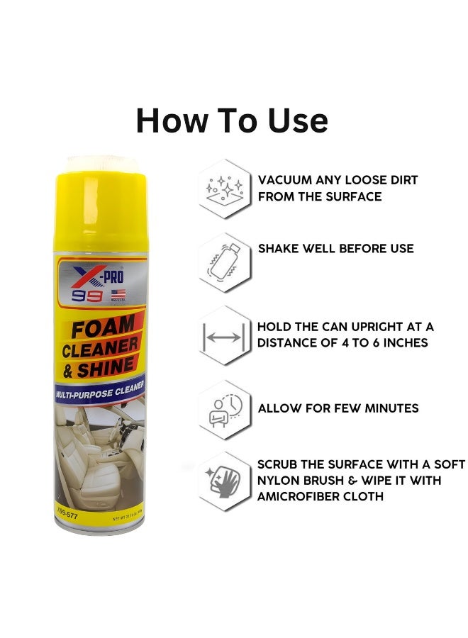 Xpro X-PRO X99-577 Foam Cleaner & Shine 600g - Multi-Purpose Car Interior & Home Cleaner Spray - Waterless Deep Cleaning Foam for Leather Seats, Dashboard, Door Panels, Shoes & Kitchen - Heavy Duty Stain Remover with Built-in Scrub Brush - Image 2