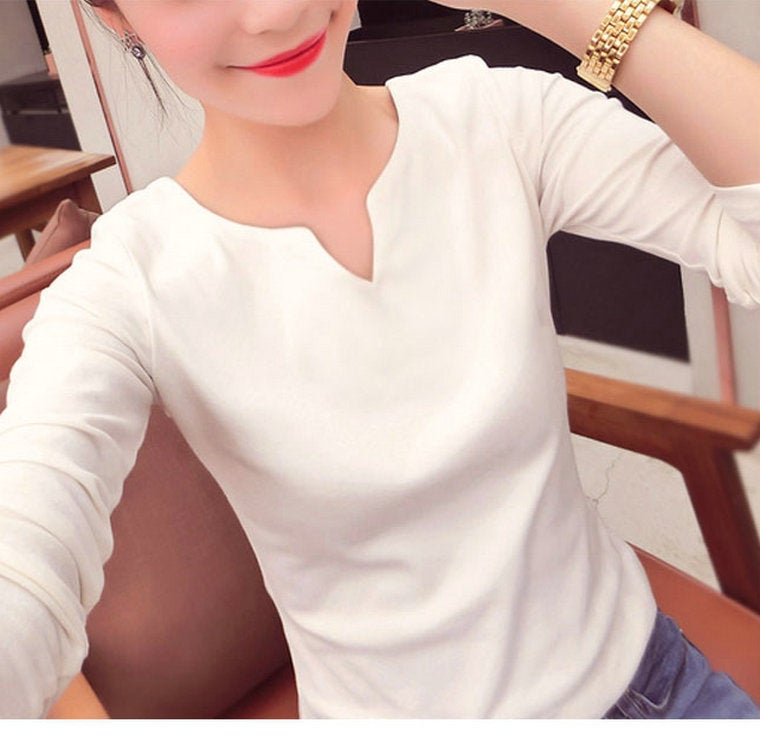 Korean Womens White Slim-fit T-shirt Womens Long-sleeved V-neck Slim-fit Slim-fit Korean All-match New Base Shirt White 