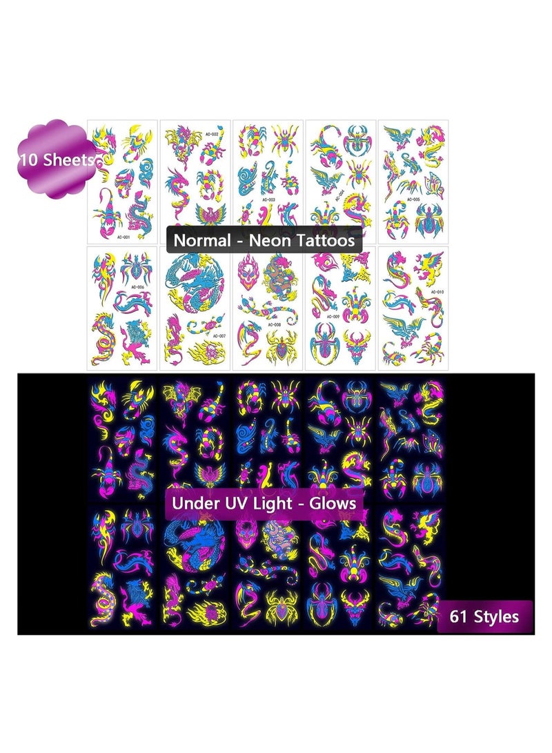 Neon Temporary Tattoos Glow In The UV Neon Tattoos Stickers 61 Glitter Styles Dragon Scorpion Spider Cool Fake Waterproof Tattoos for Men Women Party Decoration, 10 Sheets  - Image 5