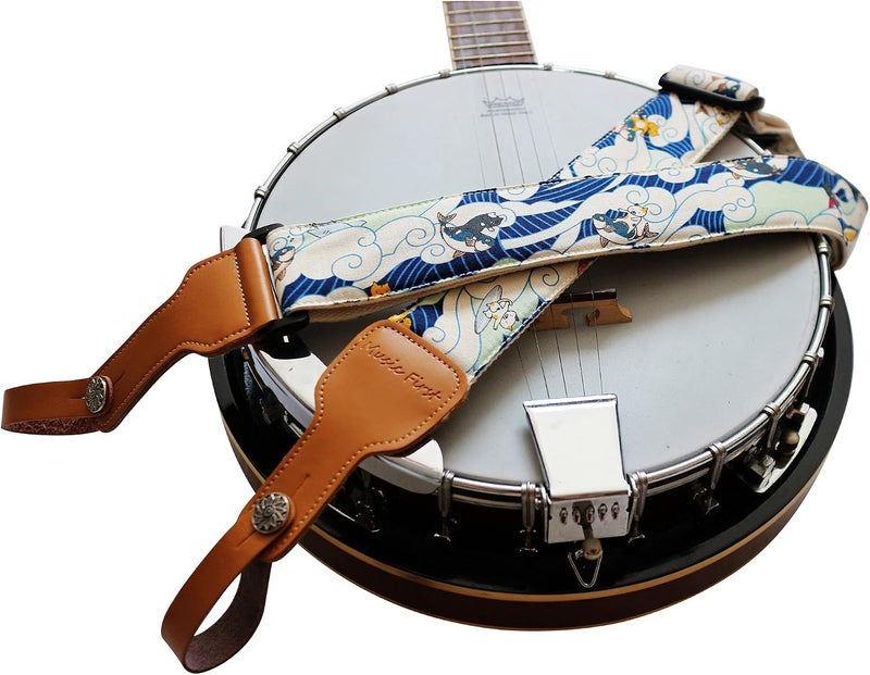 MUSIC FIRST Vintage Ukiyoe Style 'Surf-bored Cat' Padded Banjo Strap with Leather Strap Lockers - Image 2