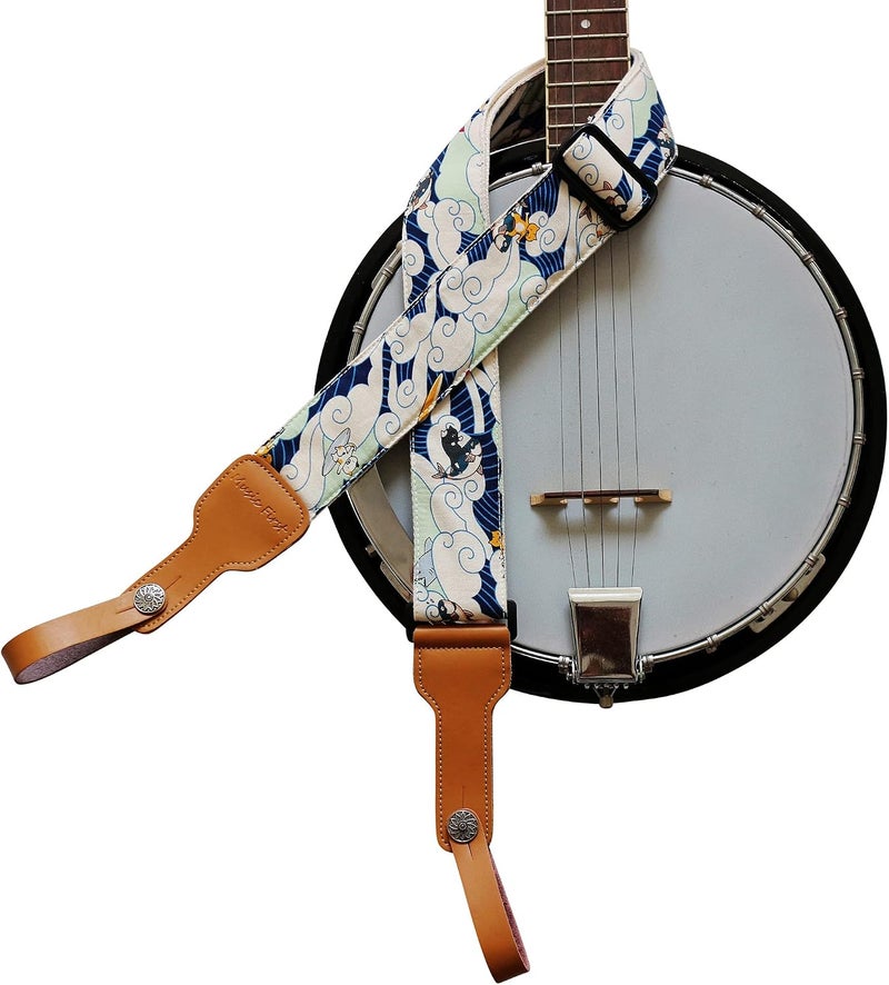 MUSIC FIRST Vintage Ukiyoe Style 'Surf-bored Cat' Padded Banjo Strap with Leather Strap Lockers - Image 1
