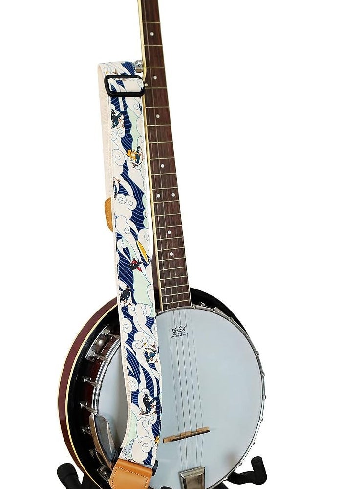 MUSIC FIRST Vintage Ukiyoe Style 'Surf-bored Cat' Padded Banjo Strap with Leather Strap Lockers - Image 3
