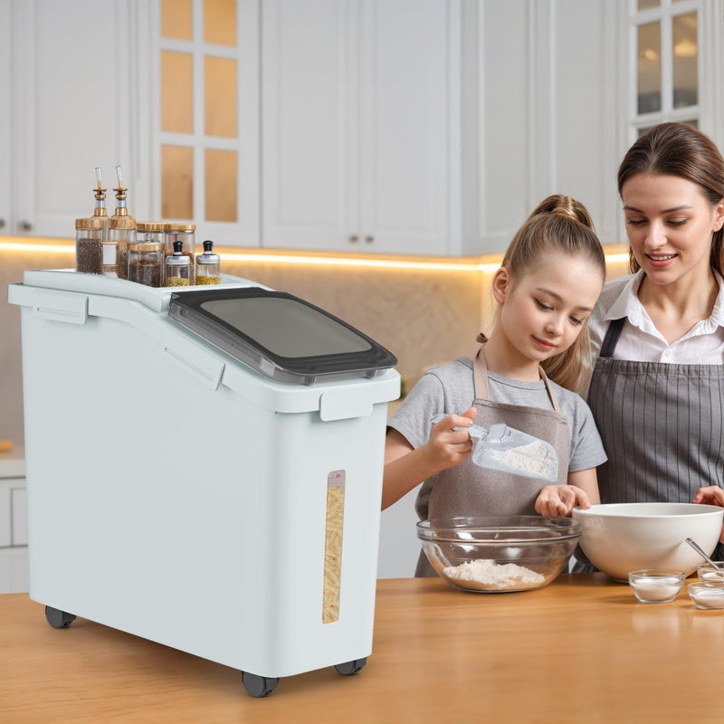 YITAHOME ييتاهوم حاوية تخزين الدقيق الكبيرة للمكونات، 11.4-جالون حاويات تخزين الأرز مع عجلات، ملعقة وغطاء محكم للهواء للأرز بالجملة، الحبوب، السكر، الأبيض - Image 2