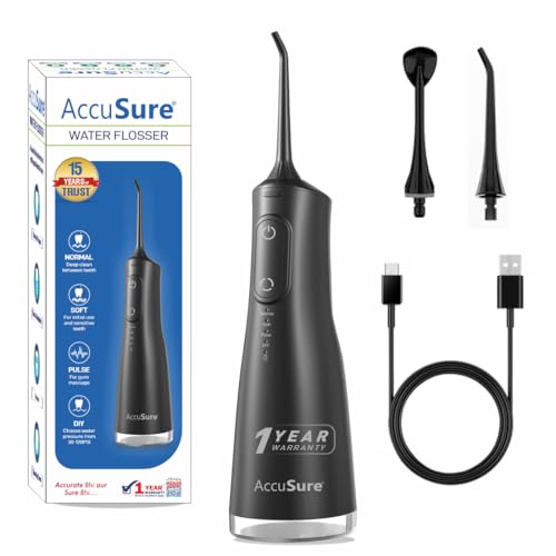 AccuSure WF09 Smart Water Flosser | 280ml Tank, Portable & Rechargeable, IPX7 Waterproof | 4 Modes with Adjustable Water Pressure | Oral Flossing for Home & Travel | 1-Year Warranty (Black) - Image 1