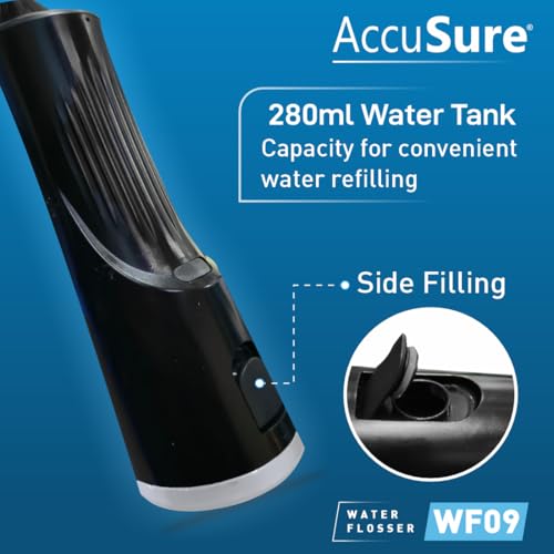 AccuSure WF09 Smart Water Flosser | 280ml Tank, Portable & Rechargeable, IPX7 Waterproof | 4 Modes with Adjustable Water Pressure | Oral Flossing for Home & Travel | 1-Year Warranty (Black) - Image 3