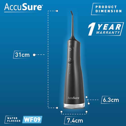 AccuSure WF09 Smart Water Flosser | 280ml Tank, Portable & Rechargeable, IPX7 Waterproof | 4 Modes with Adjustable Water Pressure | Oral Flossing for Home & Travel | 1-Year Warranty (Black) - Image 4
