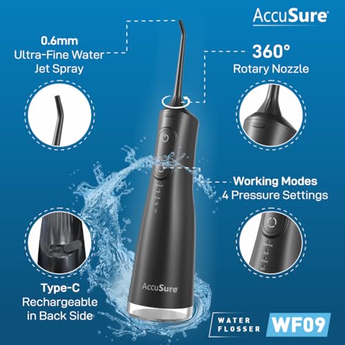 AccuSure WF09 Smart Water Flosser | 280ml Tank, Portable & Rechargeable, IPX7 Waterproof | 4 Modes with Adjustable Water Pressure | Oral Flossing for Home & Travel | 1-Year Warranty (Black) - Image 5