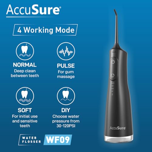 AccuSure WF09 Smart Water Flosser | 280ml Tank, Portable & Rechargeable, IPX7 Waterproof | 4 Modes with Adjustable Water Pressure | Oral Flossing for Home & Travel | 1-Year Warranty (Black) - Image 2