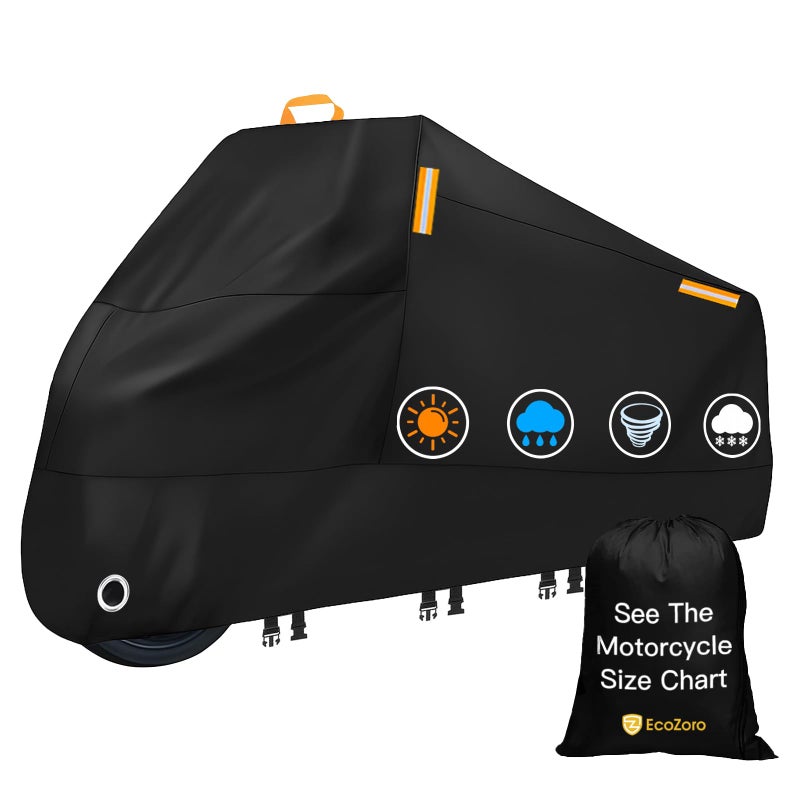 EcoZoro 300D Heavy Duty Motorcycle Cover - All Season Waterproof Outdoor Protection with Lock-Holes, Night Reflective & Storage Bag Fits up to 96.5" Cruiser, Touring, Sportbike, Dirt Bike, Scooter - Image 1