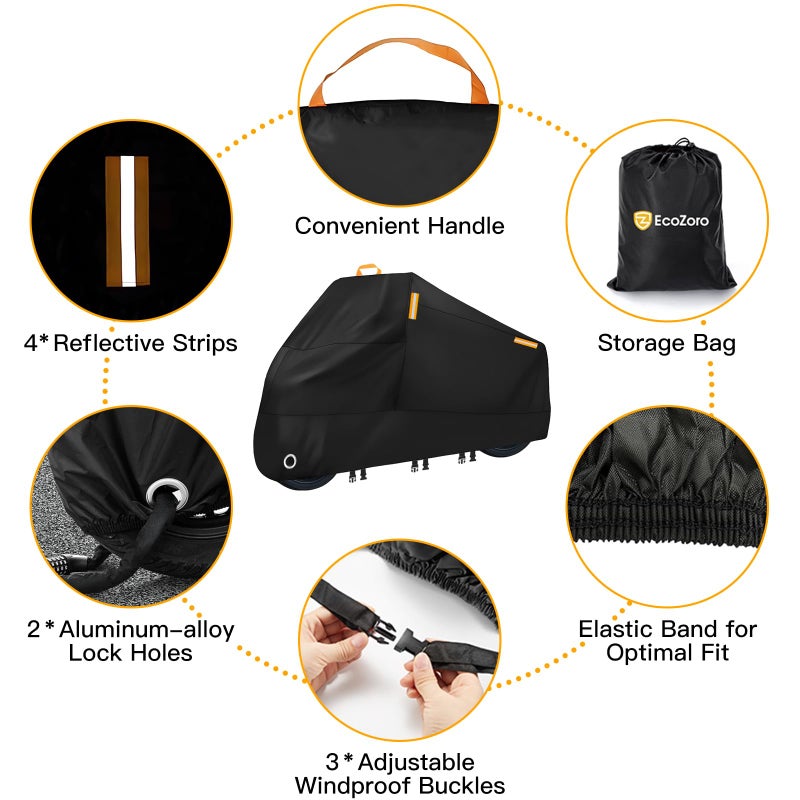 EcoZoro 300D Heavy Duty Motorcycle Cover - All Season Waterproof Outdoor Protection with Lock-Holes, Night Reflective & Storage Bag Fits up to 96.5" Cruiser, Touring, Sportbike, Dirt Bike, Scooter - Image 2