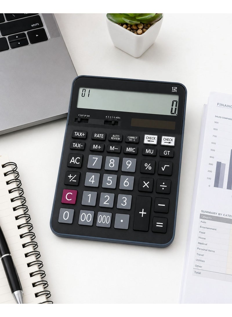 آلة حاسبة مكتبية إلكترونية بـ 12 رقماً مع خاصية مراجعة 100 خطوة وحساب الضرائب (TAX+/TAX-) - طاقة ثنائية (شمسية وبطارية)، أزرار مريحة وتصميم خفيف الوزن للمكتب، المنزل والتجارة - Image 1