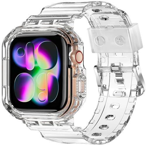XYF Compatible for Crystal Clear Apple Watch Bands, 46mm Series 11 10 Bumper Case for Men Women Jelly Sport Cover Strap for iWatch Ultra 3 2 Series 11 10 9 8 7 SE 6 5 4 3 (CrystalClear, 46) - Image 1