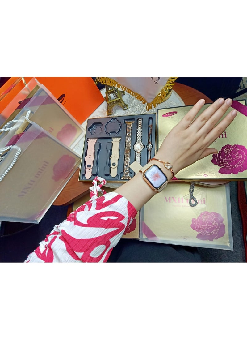 The most luxurious and elegant girls' smart watch (original gold case color) MX11 MINI from X-Inova Germany - a smart watch with a regular watch with 4 different straps with 2 very elegant bracelets