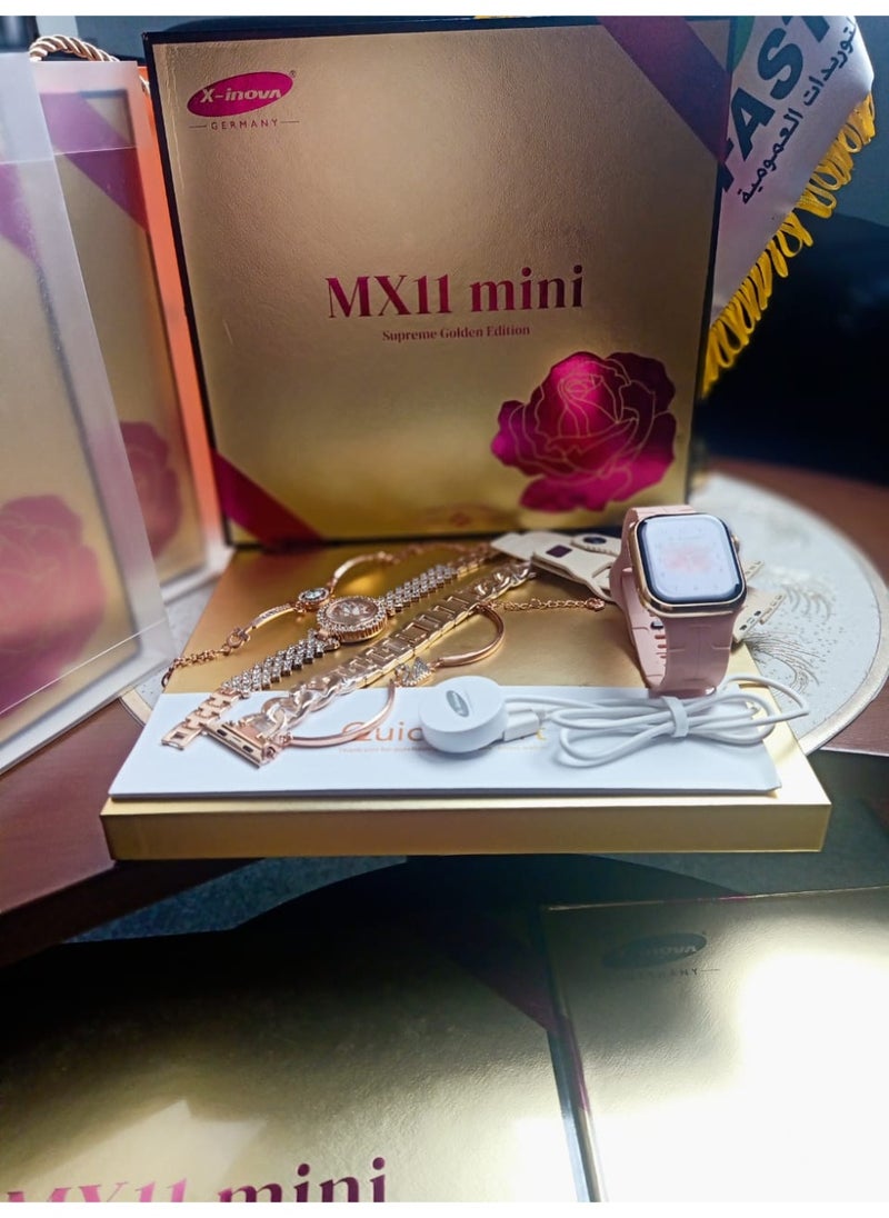 The most luxurious and elegant girls' smart watch (original gold case color) MX11 MINI from X-Inova Germany - a smart watch with a regular watch with 4 different straps with 2 very elegant bracelets