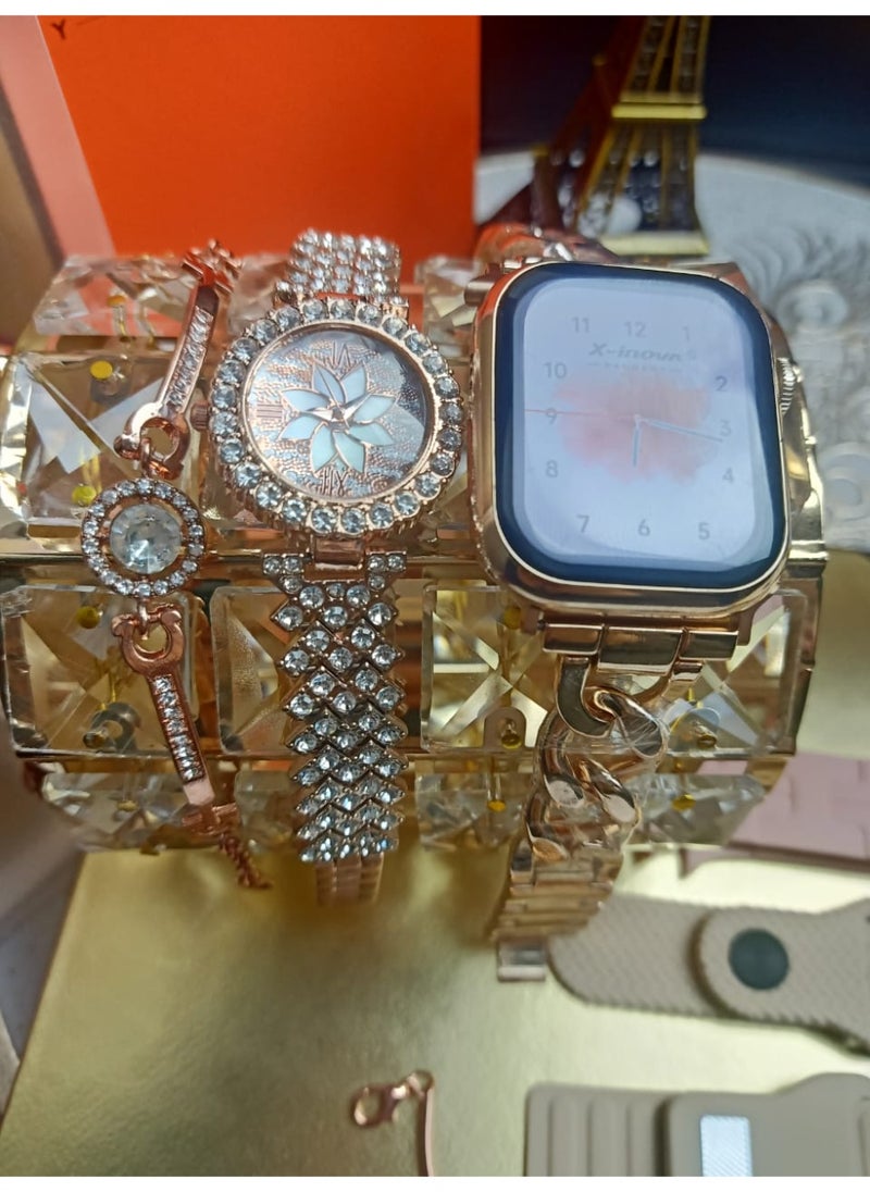 The most luxurious and elegant girls' smart watch (original gold case color) MX11 MINI from X-Inova Germany - a smart watch with a regular watch with 4 different straps with 2 very elegant bracelets