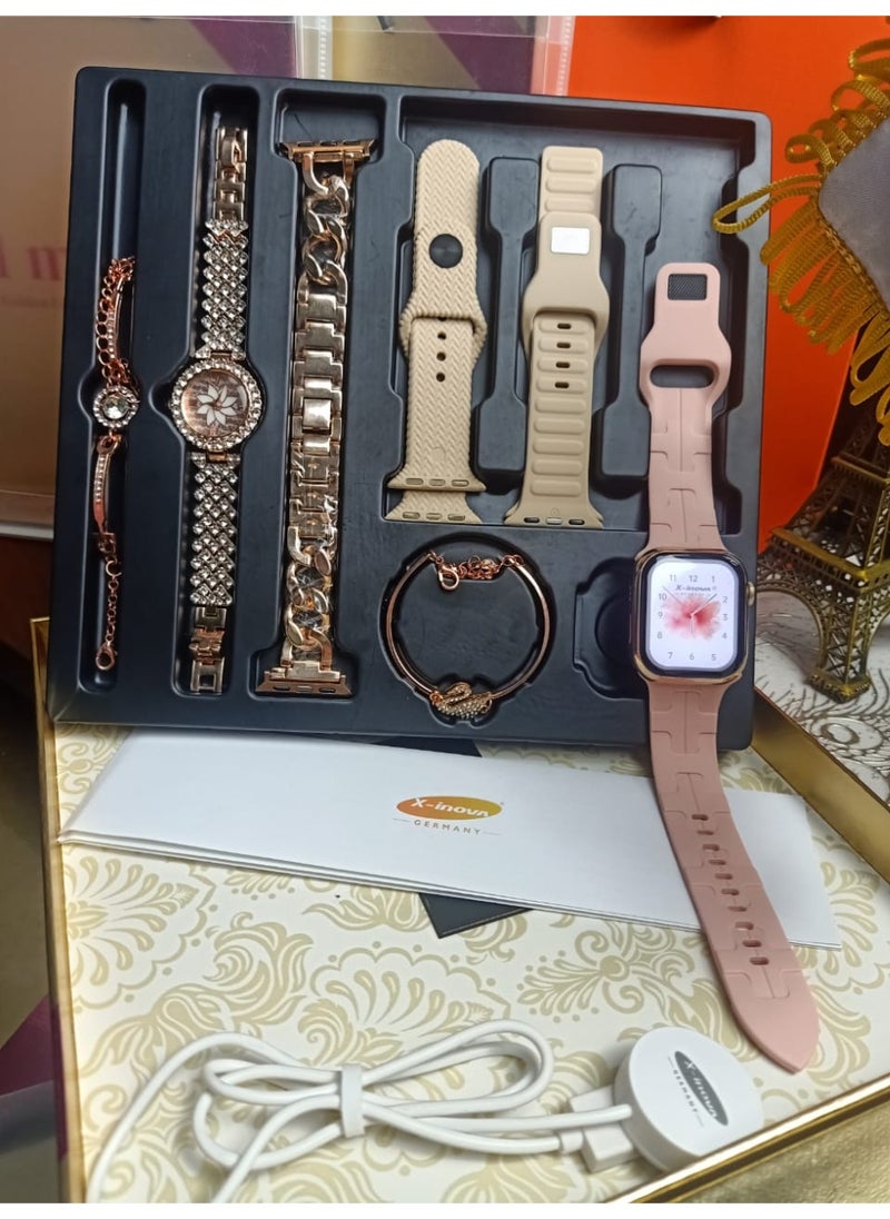The most luxurious and elegant girls' smart watch (original gold case color) MX11 MINI from X-Inova Germany - a smart watch with a regular watch with 4 different straps with 2 very elegant bracelets