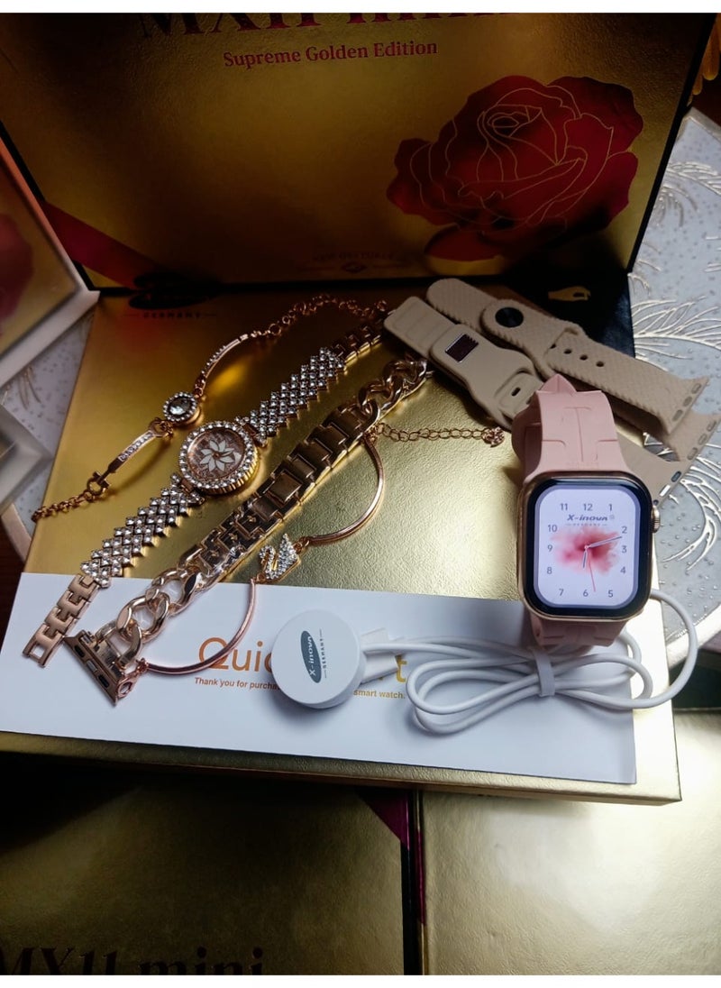 The most luxurious and elegant girls' smart watch (original gold case color) MX11 MINI from X-Inova Germany - a smart watch with a regular watch with 4 different straps with 2 very elegant bracelets