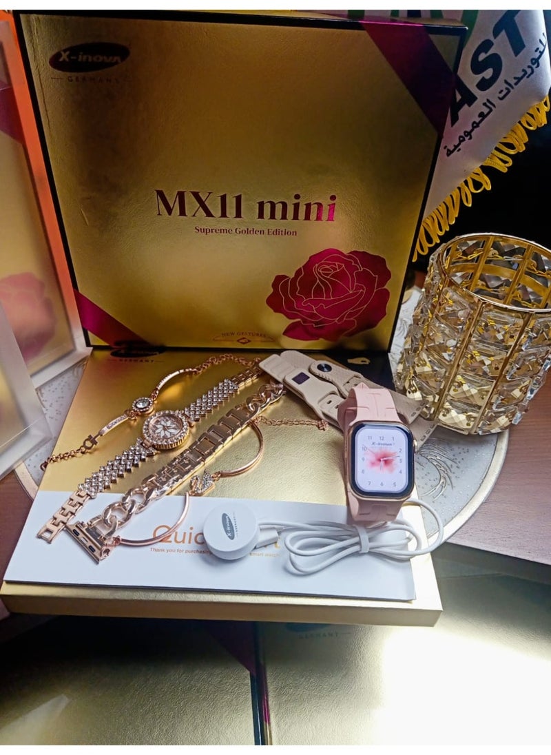 The most luxurious and elegant girls' smart watch (original gold case color) MX11 MINI from X-Inova Germany - a smart watch with a regular watch with 4 different straps with 2 very elegant bracelets